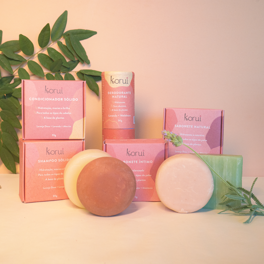 Kit higiene sem plástico (sabonete + shampoo + condicionador + desodorante + sabonete íntimo sólido em barra)