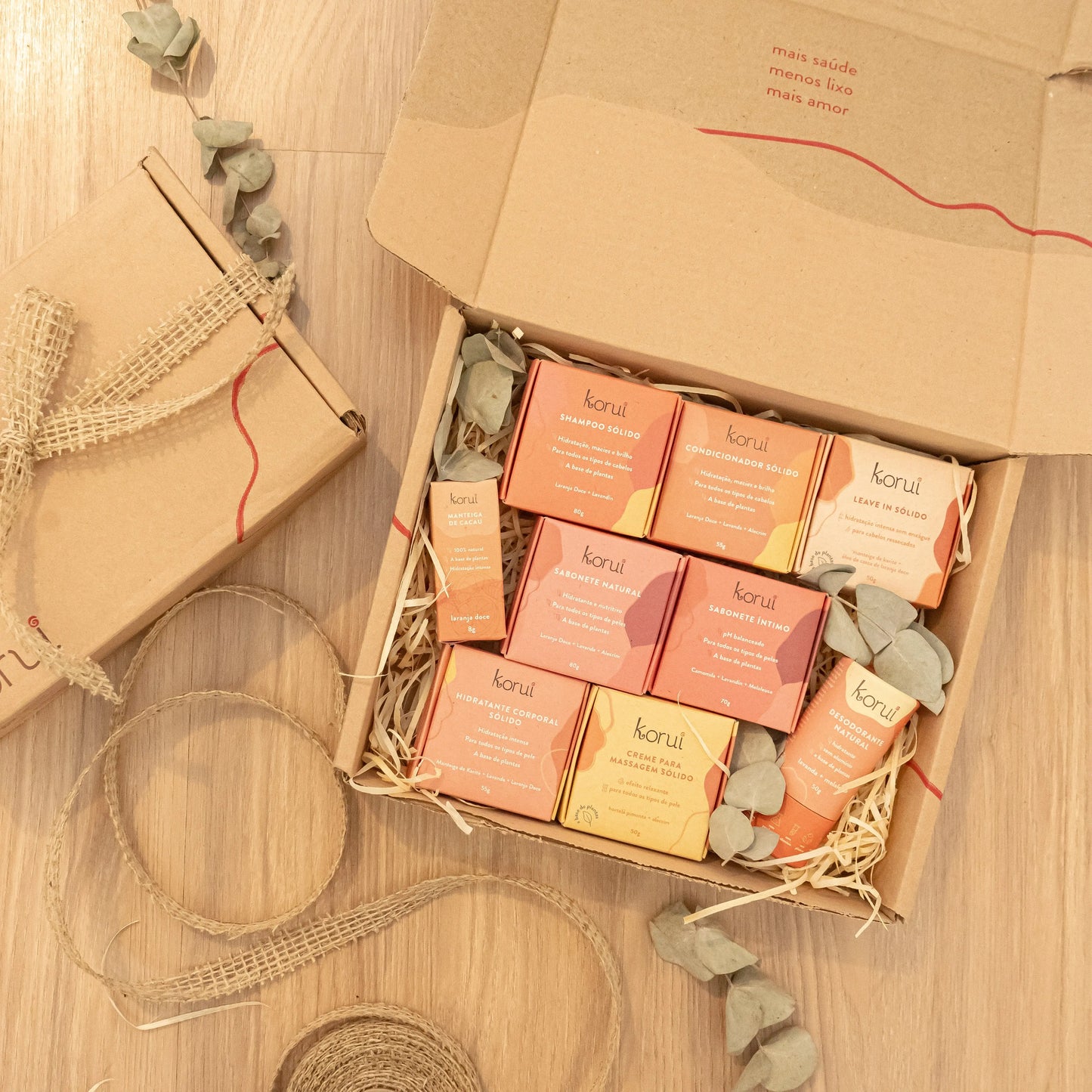 Kit Presente Shampoo + Condicionador + Leave-in + Sabonete Natural + Manteiga de Cacau + Sabonete Íntimo + Hidratante Corporal + Creme de Massagem + Desodorante Korui