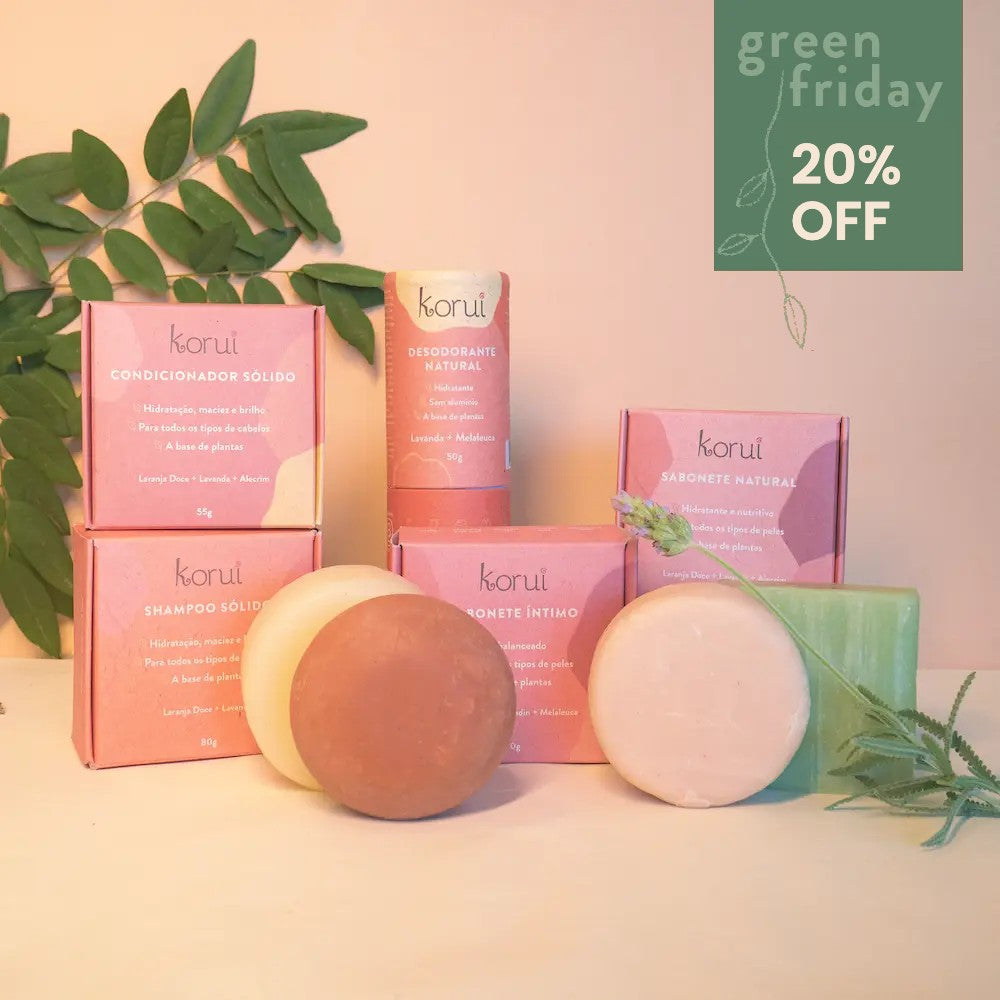 Kit higiene sem plástico (sabonete + shampoo + condicionador + desodorante + sabonete íntimo sólido em barra) Korui