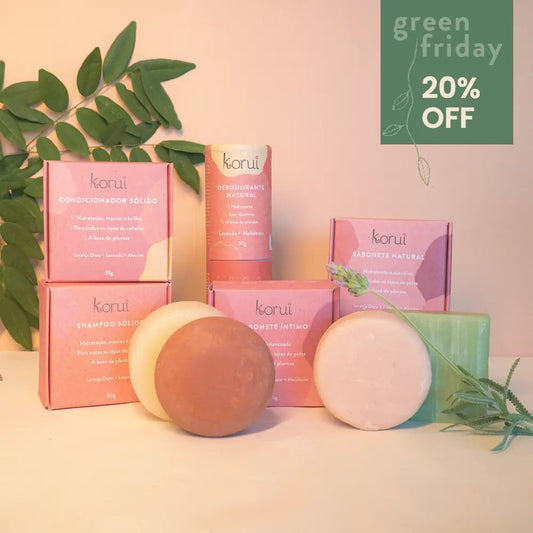 Kit higiene sem plástico (sabonete + shampoo + condicionador + desodorante + sabonete íntimo sólido em barra) Korui