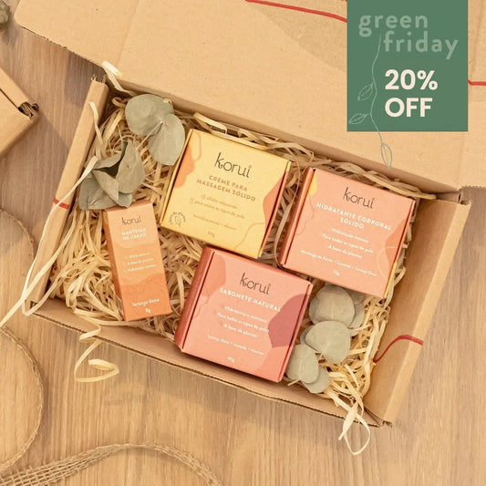 Kit Presente Creme de Massagem + Hidratante Corporal + Sabonete Natural + Manteiga de Cacau Balm Labial + Linda Embalagem de Presente Korui